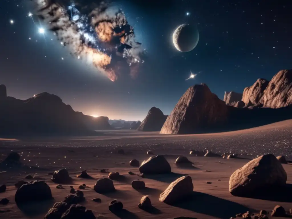 Películas educativas sobre asteroides - Imagen impresionante en ultradetalle 8K muestra el cielo nocturno lleno de estrellas y un asteroide misterioso