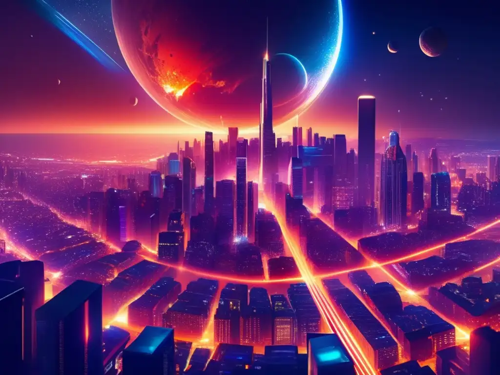 Peligro asteroides y consecuencias: ciudad futurista, rascacielos, asteroide cercano a la Tierra, luces vibrantes, urgencia en el estudio de NEOs