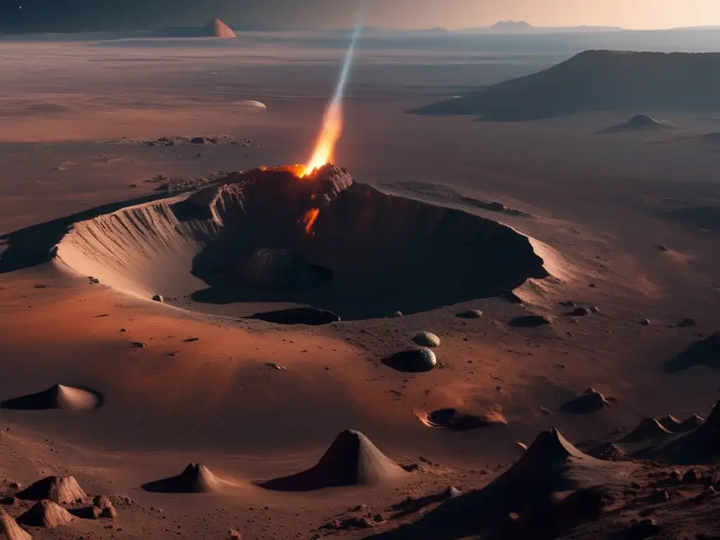 Peligro asteroides sistema solar: paisaje desolado con cráter masivo y asteroide gigante