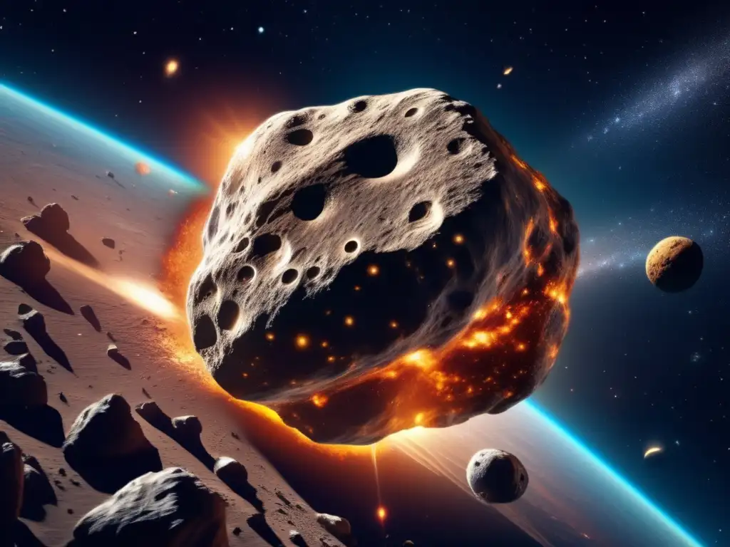 Peligro asteroides sistema solar: Imagen asombrosa de un asteroide poderoso y gigantesco en el espacio, rodeado de galaxias, nebulosas y polvo cósmico