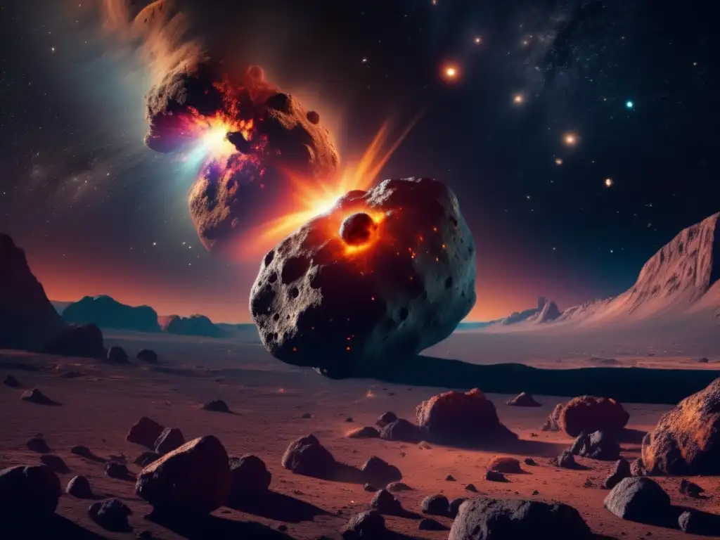 Peligro de los asteroides en la Tierra - Vista impactante de un asteroide masivo con rocas y cráteres, rodeado de una nebulosa vibrante