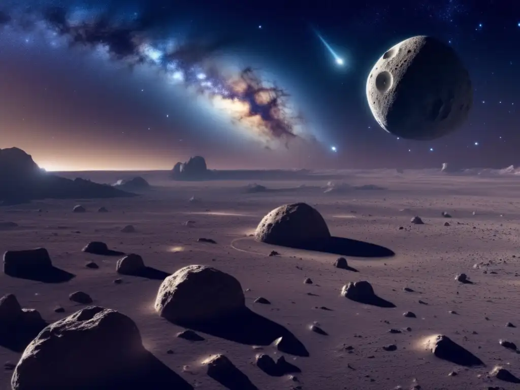 Peligro asteroides: vasto espacio estelar con asteroide iluminado, texturas y peligro