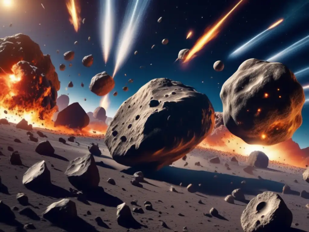 Peligro de colisión de asteroides: imagen detallada de la destrucción catastrófica de asteroides, con explosiones masivas y colores vibrantes