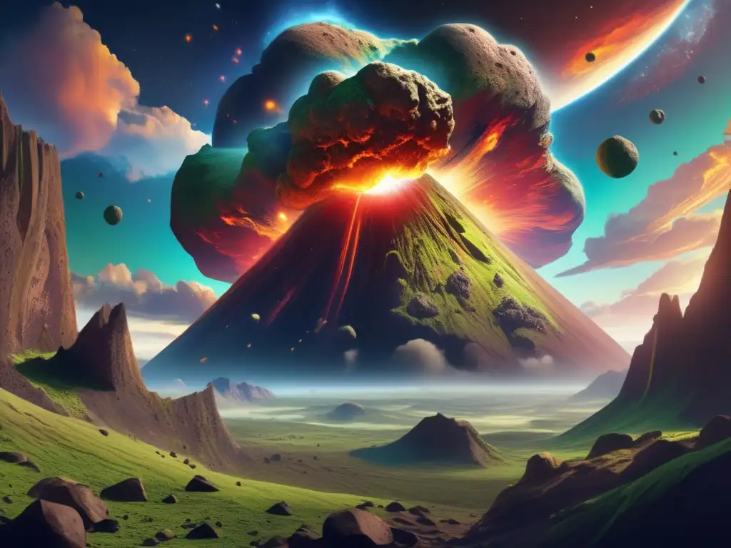 Desmitificando peligros asteroides: Un asteroide gigante se acerca a la Tierra, con colores vibrantes y detalles intrincados