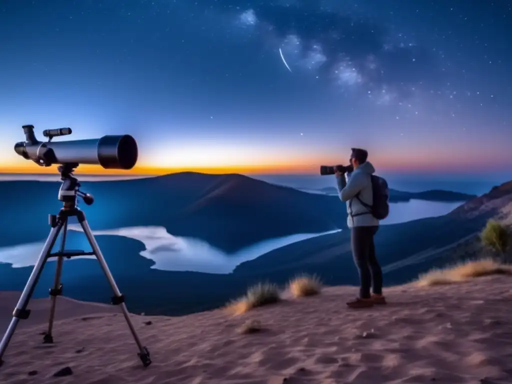 Persona observando ocultaciones de asteroides bajo un cielo estrellado con telescopio y cámara especializada