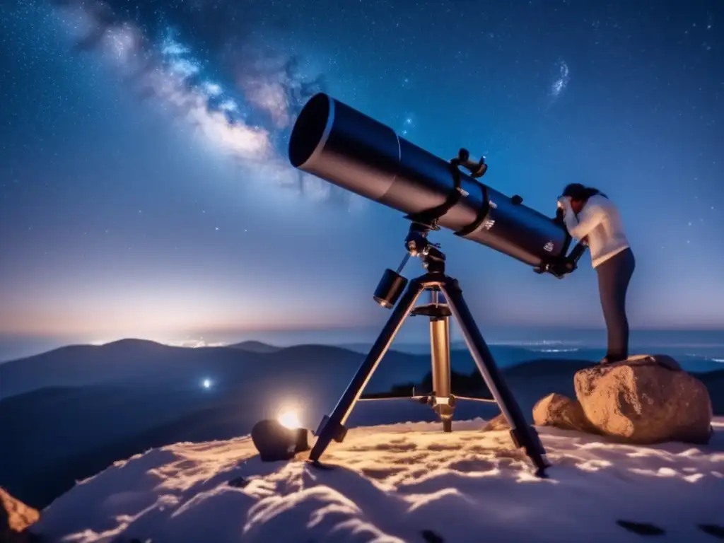 Persona ajusta telescopio casero para observar asteroides en el cielo nocturno estrellado