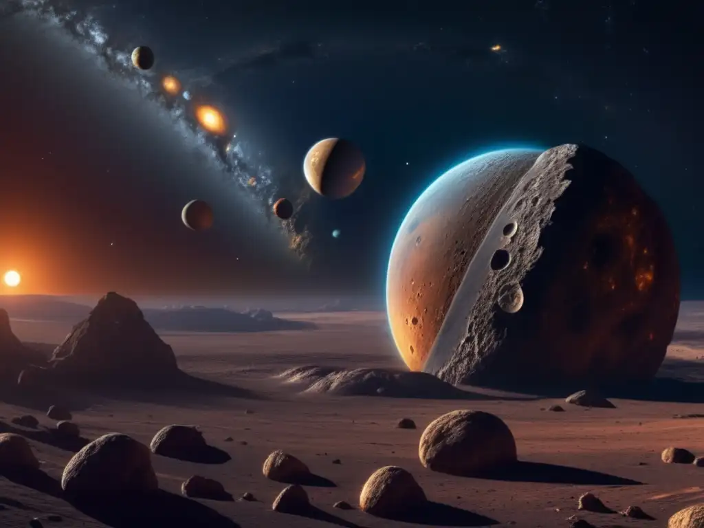 Perturbaciones gravitatorias asteroides sistema solar en imagen celeste de 8k, capturando la danza celestial y su contraste cromático