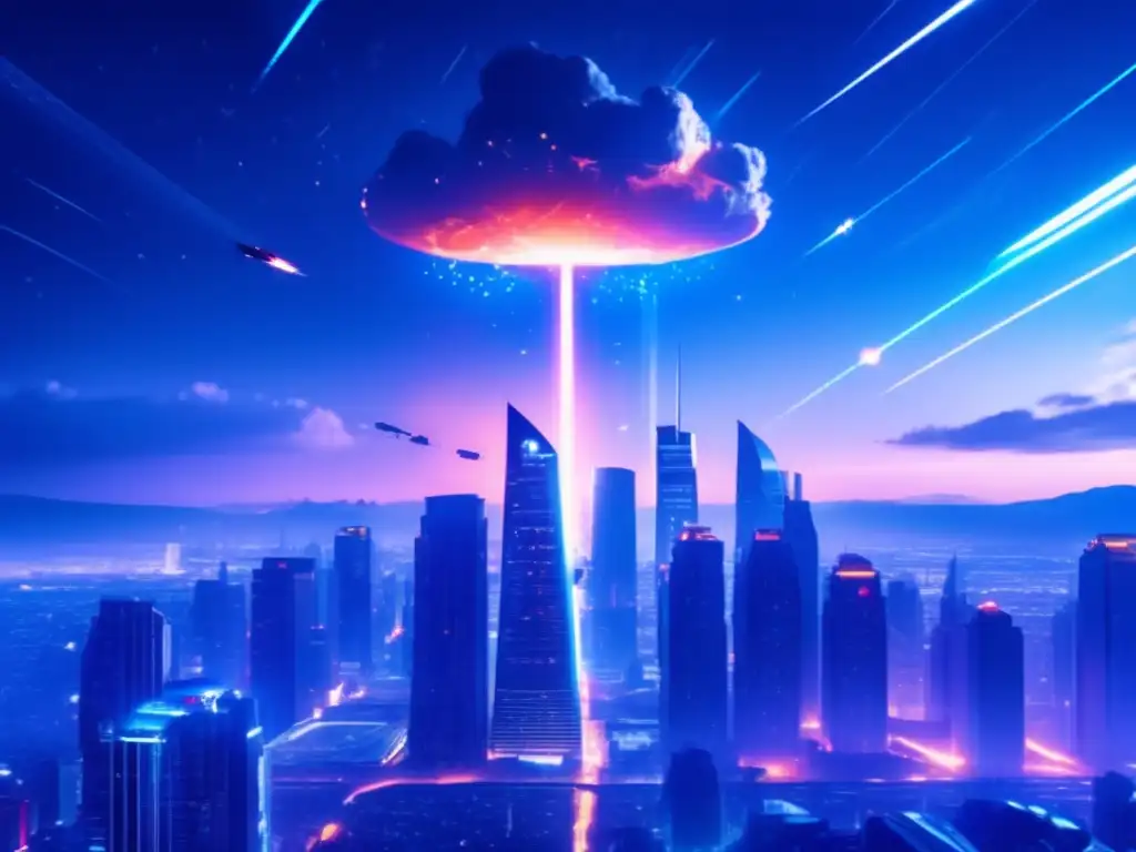 Planes de emergencia contra NEO catastrófico en futurista ciudad con meteoritos