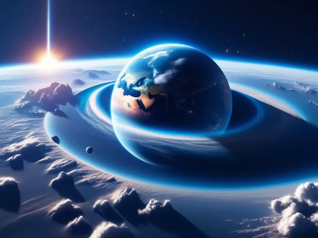 Planeta Tierra azul sereno en el espacio, con asteroide acercándose