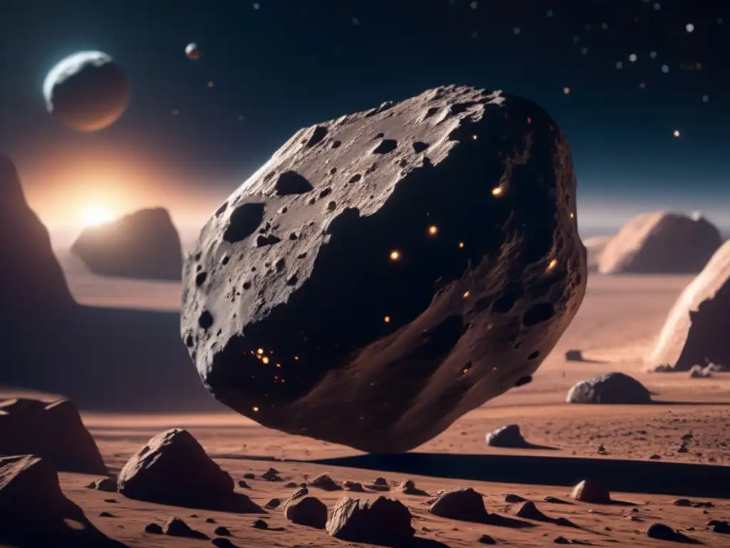 Exploración científica de asteroide Posibilidad de vida en asteroides pequeños: imagen detallada de un asteroide en el espacio, científicos recolectando muestras