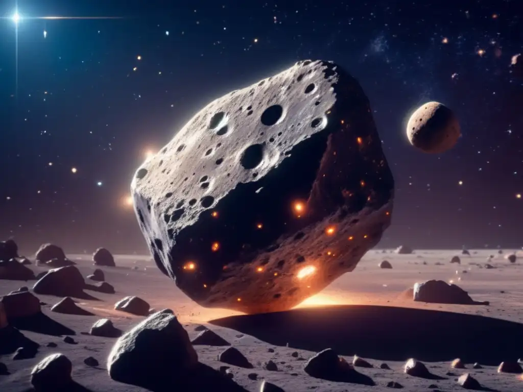 Asteroida oscuro flotando en el espacio, rodeado de estrellas Posibilidad de vida en asteroides pequeños - Imagen de un asteroide oscuro con reflejos metálicos rodeado de estrellas en el espacio