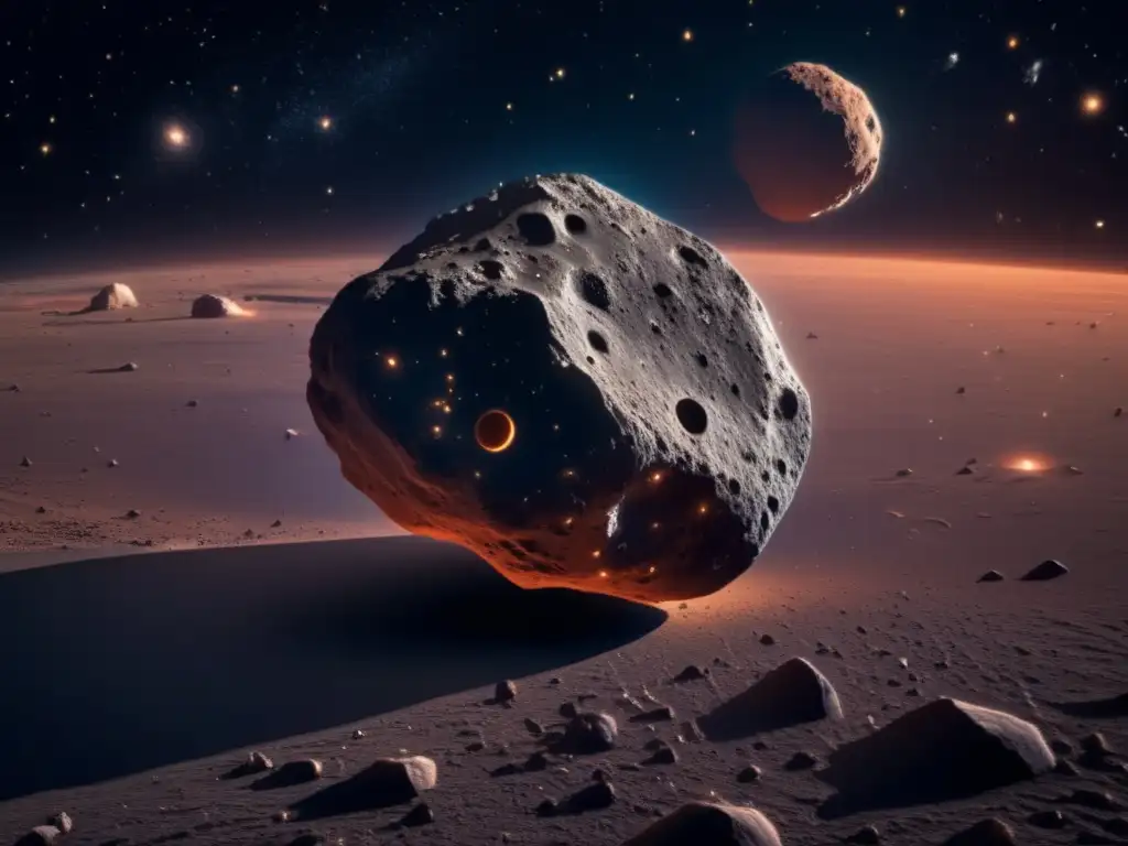 Asteroide rocoso flotando en el espacio Posibilidad de vida en asteroides pequeños - Detalle de un asteroide rocoso en el espacio, iluminado por estrellas distantes y cubierto de cráteres y regolito