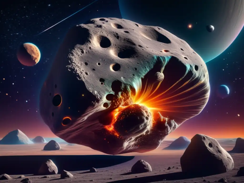 Posibilidades medicinales de asteroides: Imagen 8k de un asteroide en el espacio, con colores, texturas y cráteres fascinantes