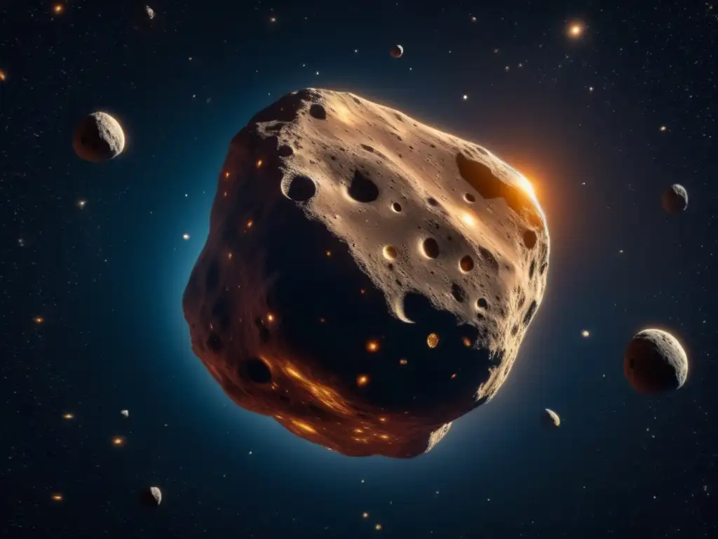Potencial de asteroides como recursos: imagen impresionante de un asteroide colosal en el espacio, rodeado de escombros y una nave espacial futurista