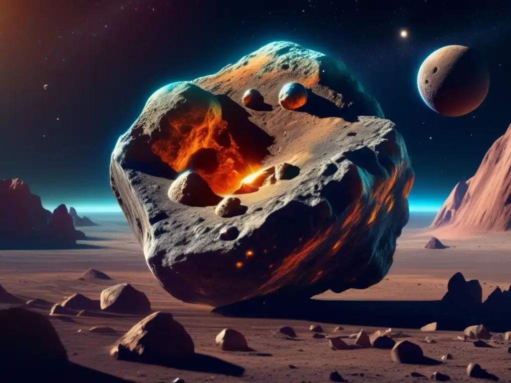 Potencial económico de los asteroides: Detallada imagen en 8k de un asteroide masivo con minerales, formaciones geológicas y riquezas ocultas