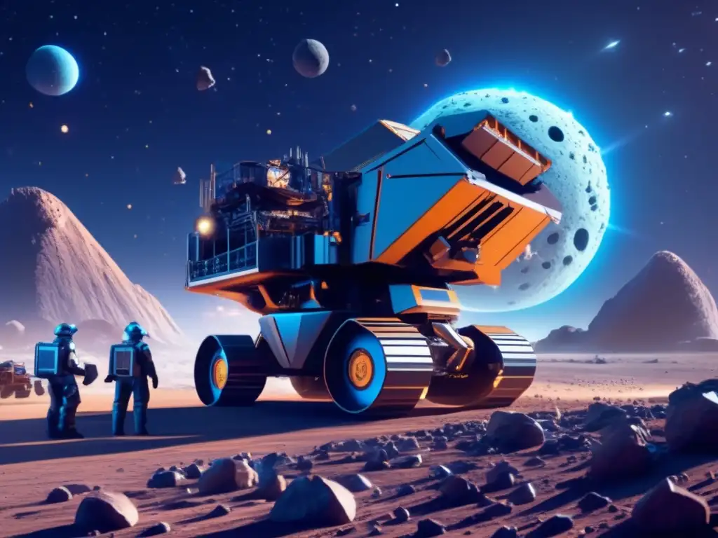 Potencial económico de los asteroides: imagen detallada de operación minera futurista en asteroide con maquinaria avanzada y minerales valiosos
