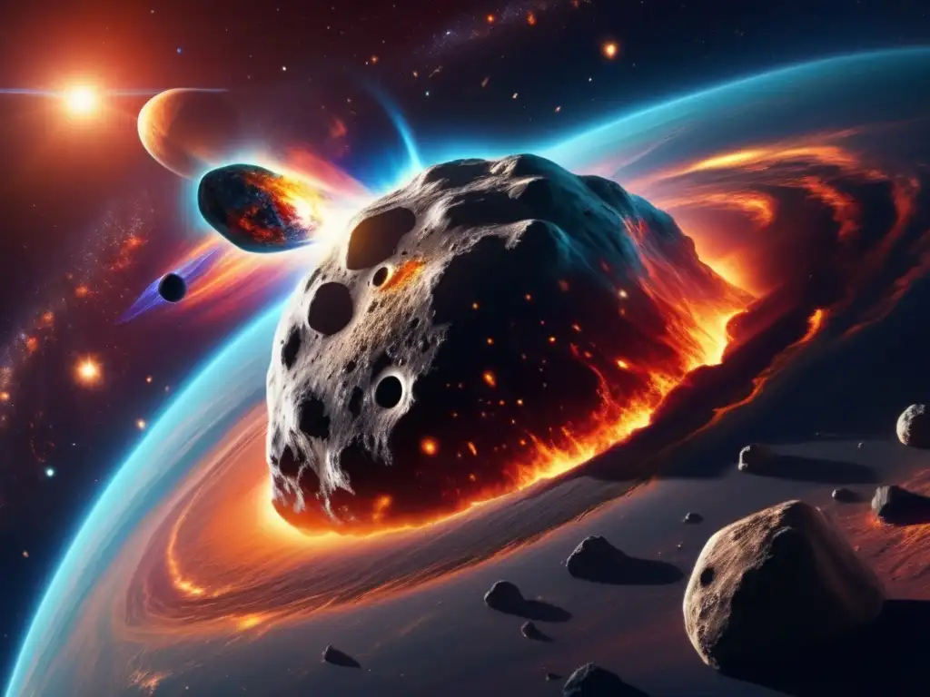 Potencial económico de los asteroides: Imagen impactante de un asteroide masivo acercándose a la Tierra, con colores vibrantes y galaxias en el fondo