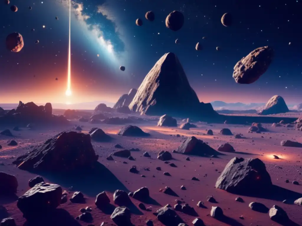 Potencial económico de los asteroides en un impresionante campo de asteroides 8k ultradetallado, lleno de color y forma
