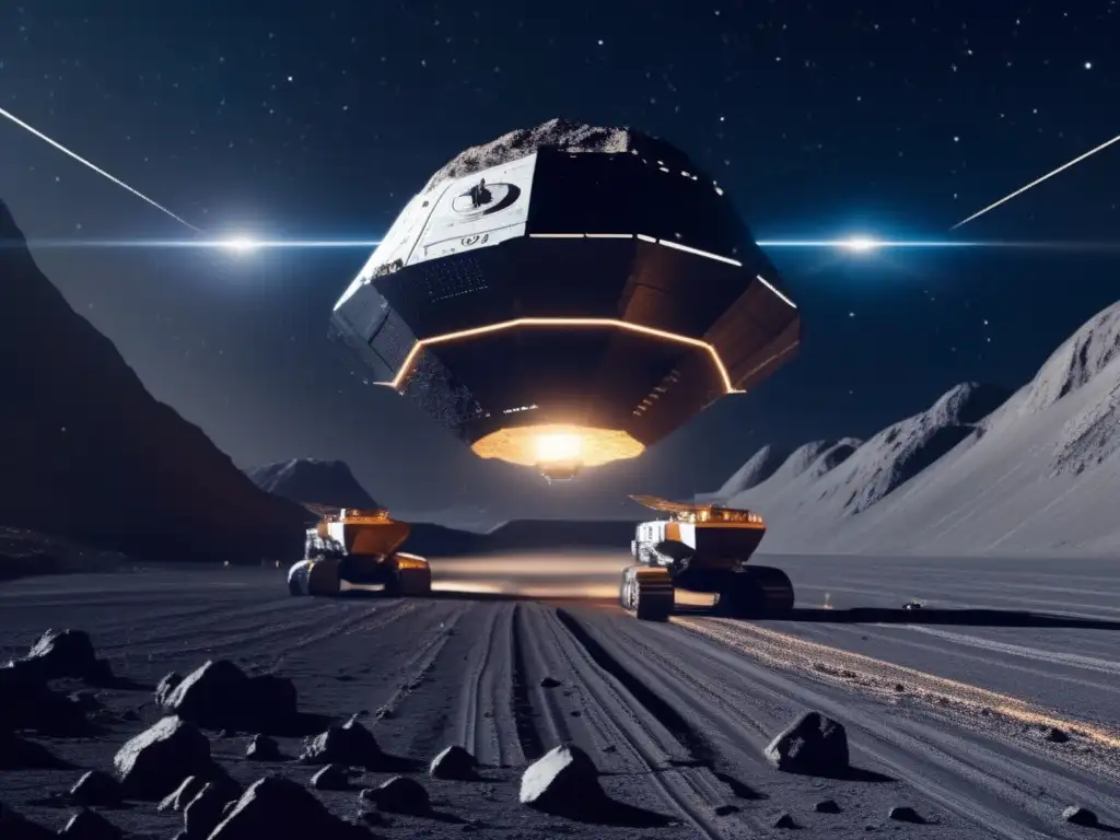 Potencial minero de asteroides en una imagen futurista de minería espacial, con una nave gigante y tecnología de vanguardia