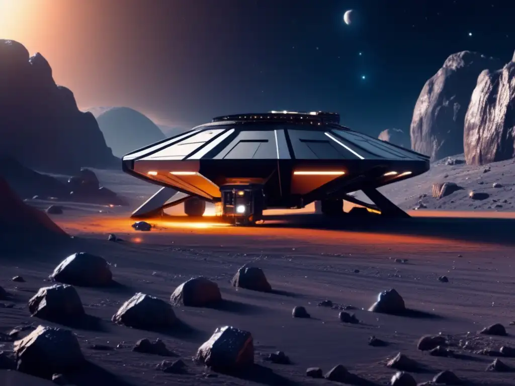 Potencial minero asteroides menores: Futurista instalación minera en asteroide, con drones y paisaje espacial