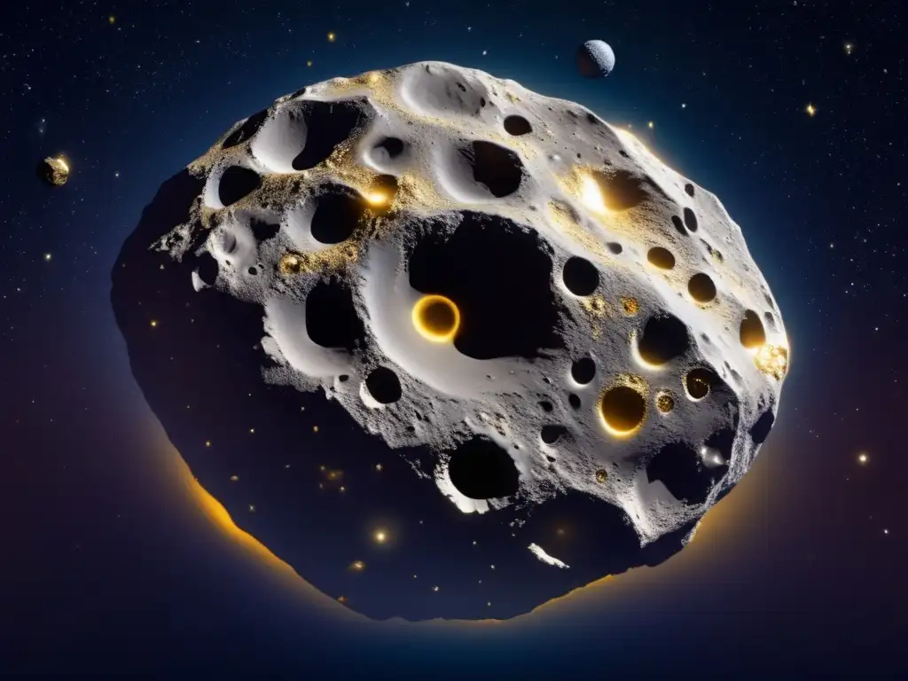 Potencial minero de los asteroides metálicos: Vista panorámica asombrosa de un asteroide metálico en el espacio, con superficie irregular llena de cráteres y detalles impresionantes, rodeado de polvo estelar brillante