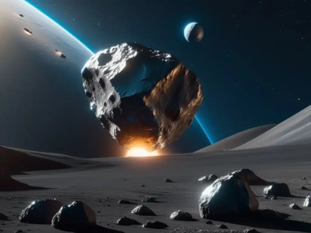 Potencial minero de los asteroides metálicos: nave espacial sobre asteroide metálico, tecnología avanzada, espacio iluminado por estrellas