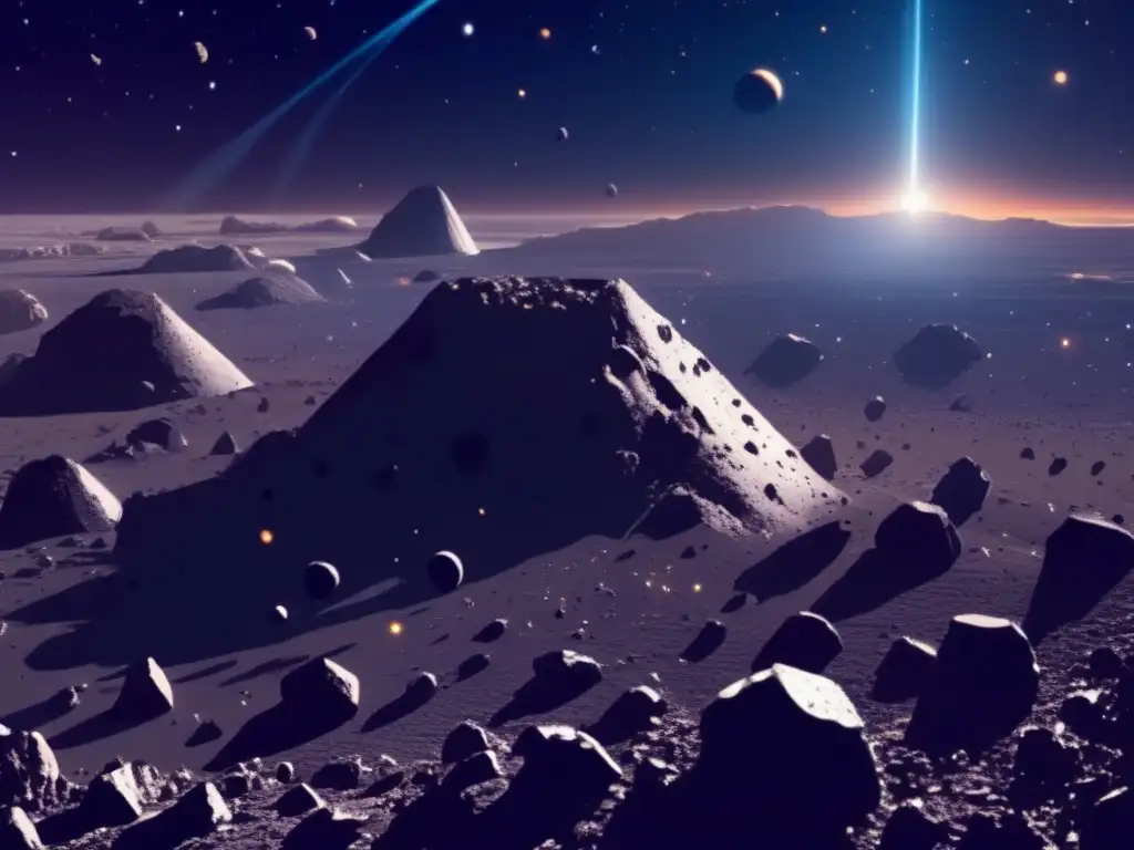 Potencial minero de asteroides: vasto espacio oscuro con asteroides iluminados por una estrella cercana