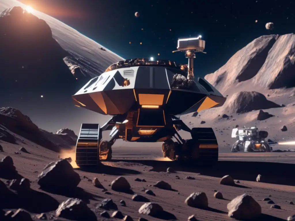 Potencial minero de asteroides: Operación de minería espacial en un asteroide futurista con detalles ultradetallados