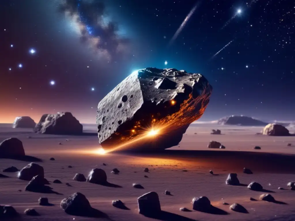 Potencial recursos asteroidales: asteroide metálico flota en el espacio, rodeado de drones mineros extractores y estrellas brillantes