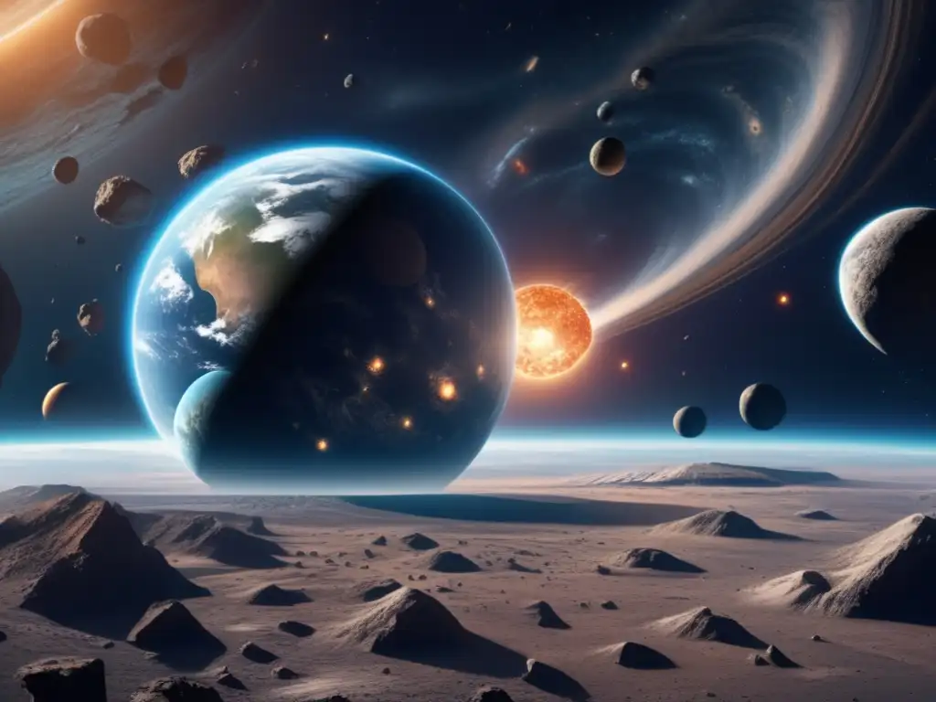 Predicciones retorno asteroides famosos en imagen detallada de 8k que muestra la Tierra rodeada de asteroides y redes orbitales
