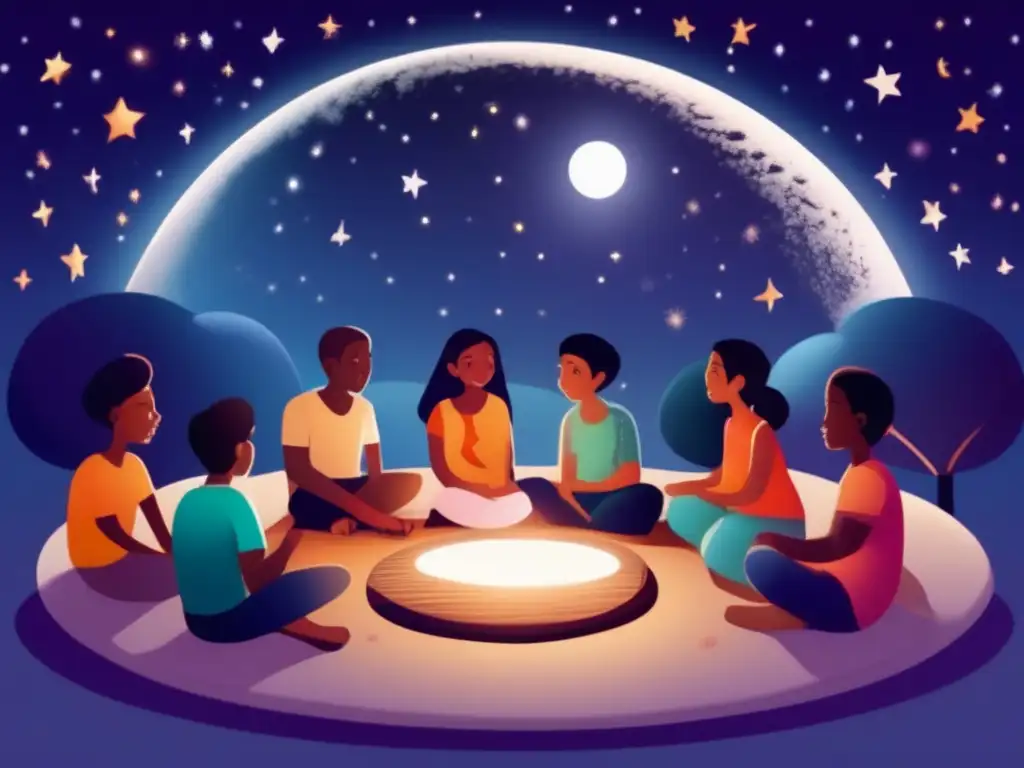 Preparación psicosocial encuentro asteroides: grupo diverso en círculo debatiendo bajo la luna llena y estrellas