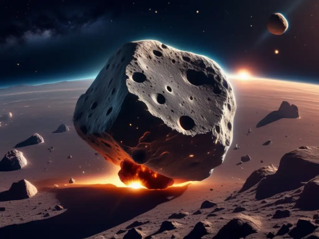 Preparación psicosocial encuentro asteroides: Imagen de asteroide 8k detallado en el espacio, con superficie rugosa y bordes irregulares