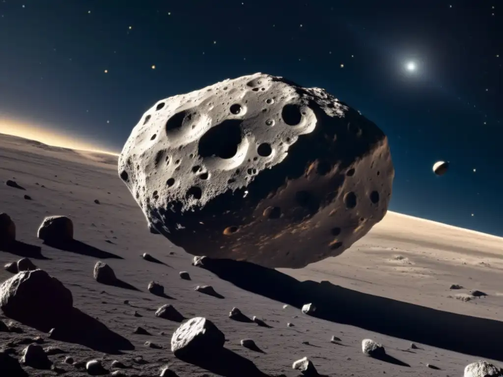 Preparativos para acercamiento Asteroide S: imagen detallada de asteroide rocoso con superficie grisácea y cráteres, en el espacio estelar