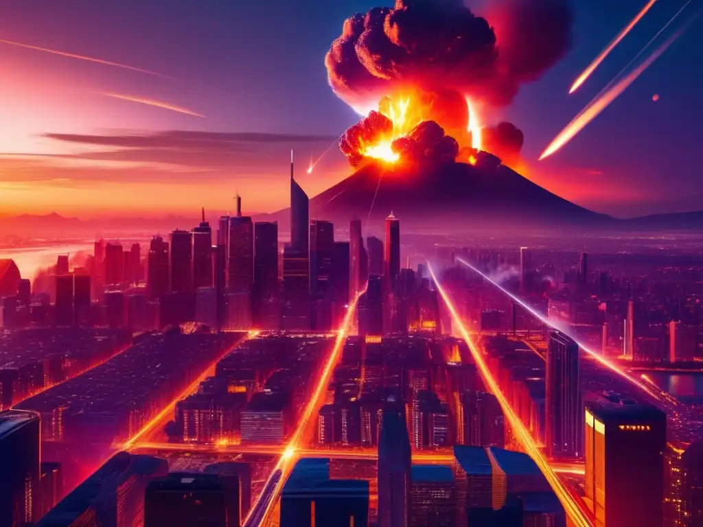 Preparativos impacto meteorito - Ciudad nocturna con rascacielos, metrópolis vibrante y un meteorito amenazante