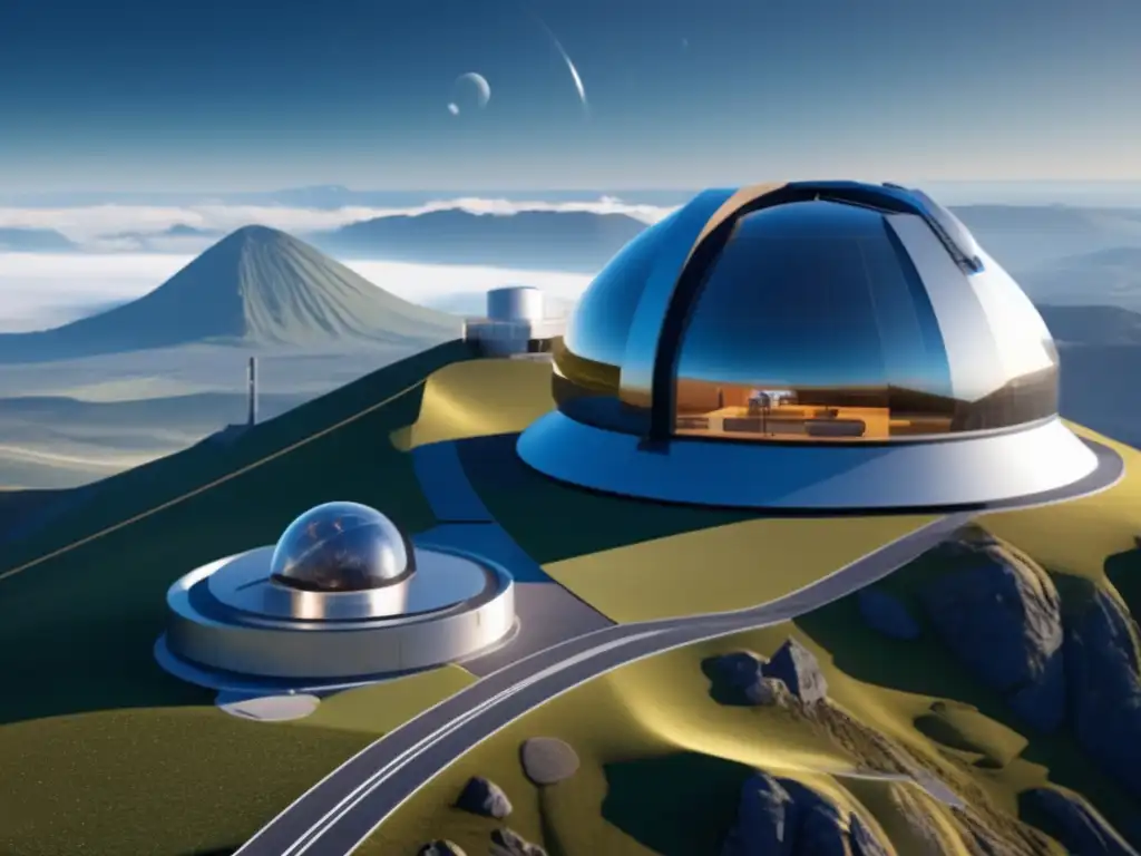 Preparativos para impacto de meteorito: Observatorio futurista en la montaña con telescopio y tecnología avanzada