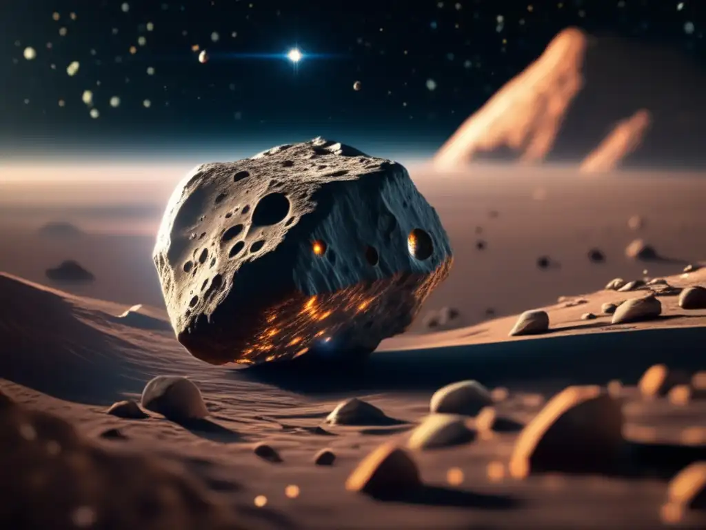 Presencia agua en asteroides: imagen impresionante 8k muestra asteroide rocoso con cráteres, agua y colores vibrantes en el espacio