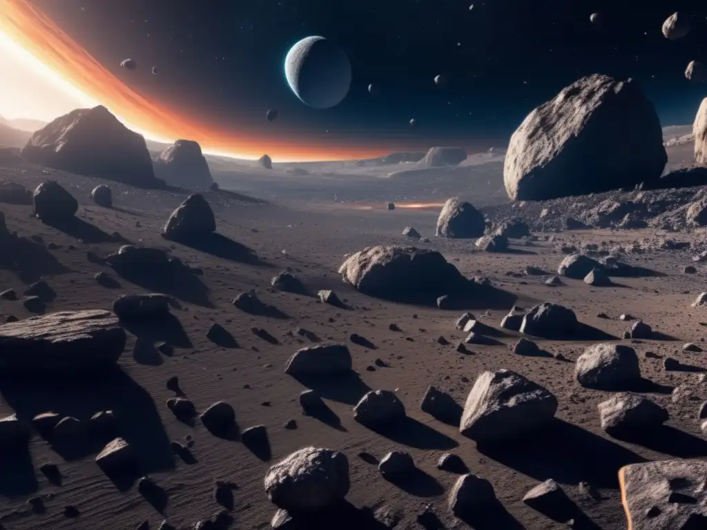 Presencia agua en asteroides: Imagen 8k de asteroides irregulares en un campo vasto, con cráteres y una nave espacial futurista