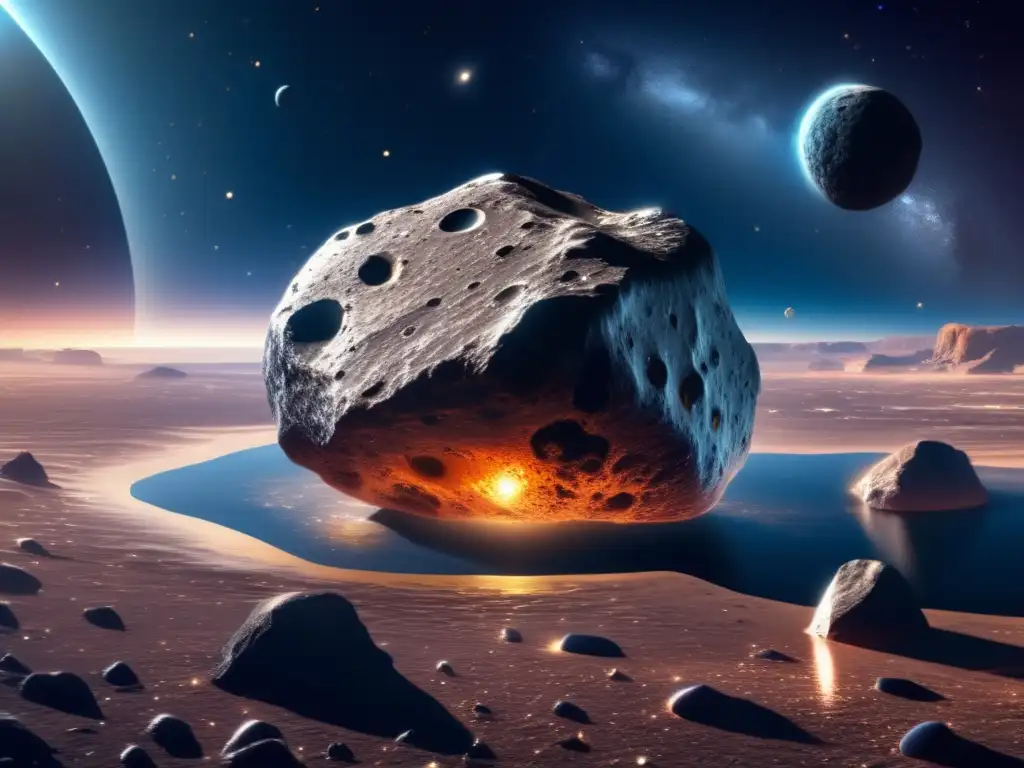 Presencia agua en asteroides: Imagen 8k del impresionante asteroide irregular en el espacio, con agua suspendida en gravedad cero