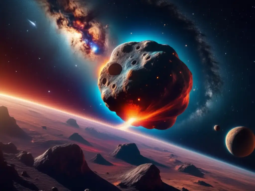 Probabilidad impacto asteroide tierra - Imagen impactante de un asteroide gigantesco acercándose a la Tierra, con nebulosas y estrellas en el fondo