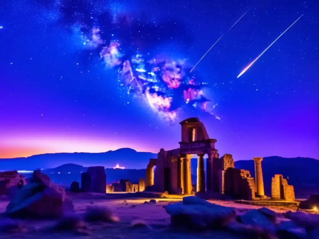 Profecías ancestrales sobre meteoritos y cielo estrellado con ruinas antiguas