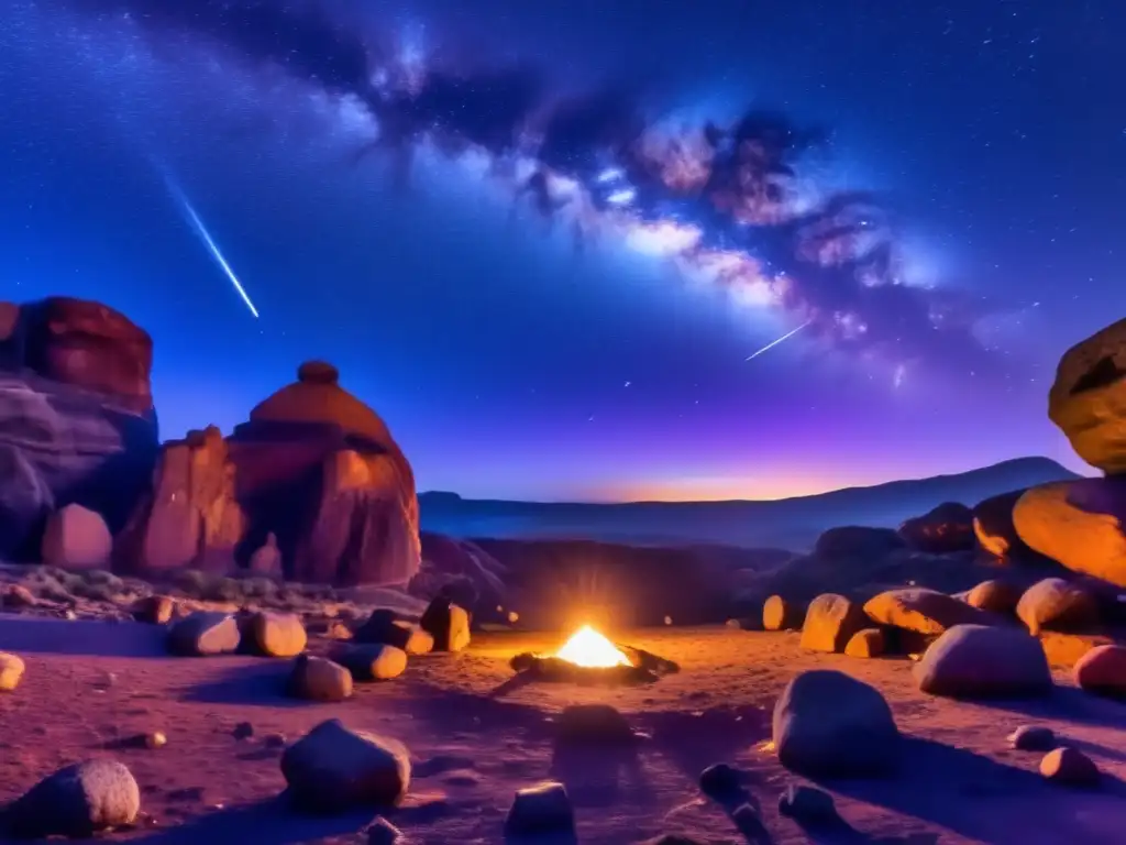 Profecías ancestrales sobre meteoritos en un cielo estrellado con meteoros y arte rupestre
