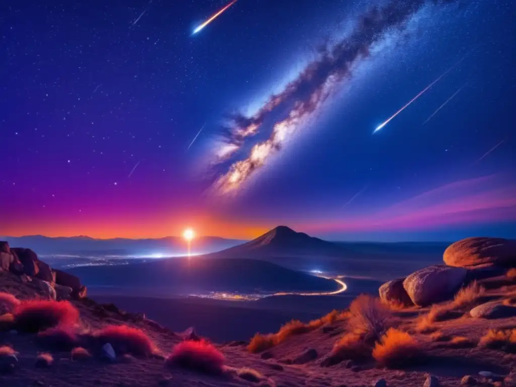 Profecías ancestrales sobre meteoritos: Paisaje nocturno 8k impresionante, estrellas brillantes, luna llena, meteorito ardiente y explosión de impacto