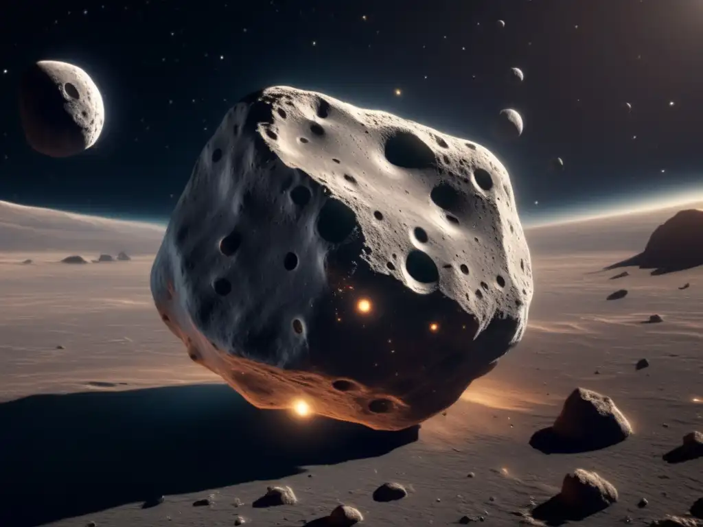 Exploración ética de propiedades asteroidales: impresionante imagen detallada de un asteroide en el espacio, con cráteres, rocas y un fondo estrellado