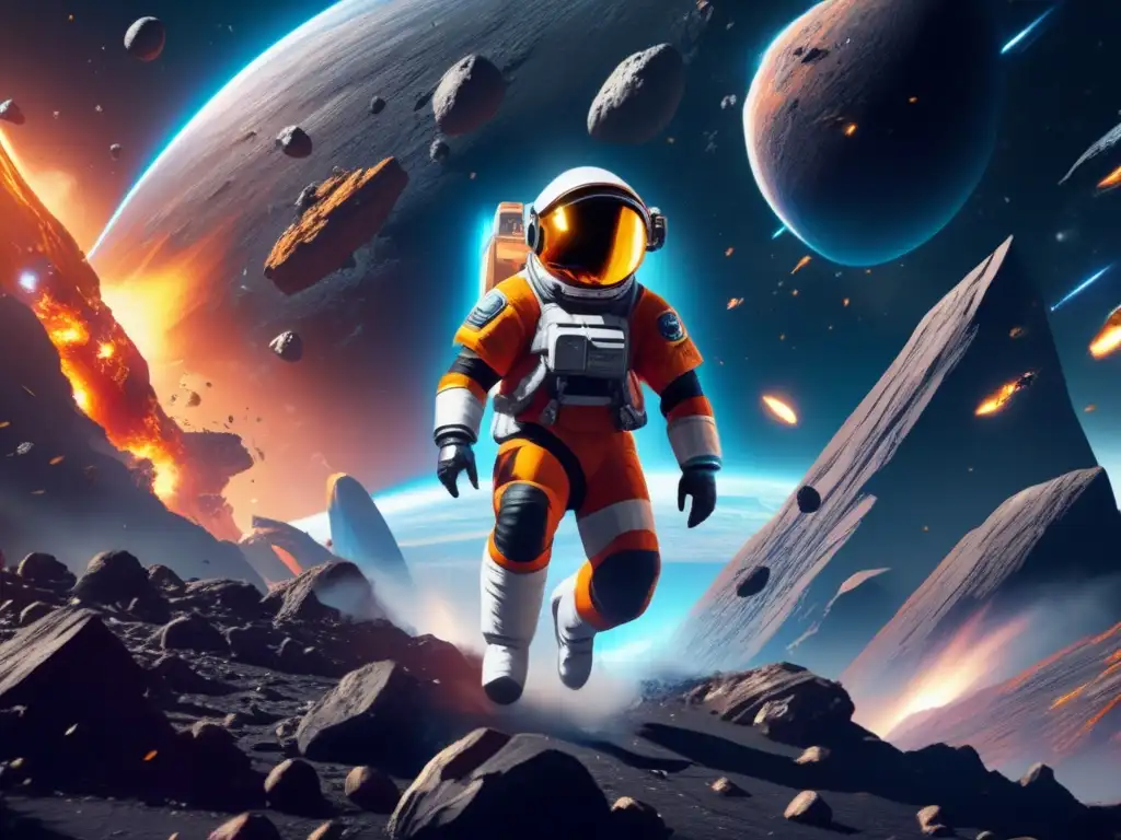 Guía supervivencia: Protagonista en traje espacial saltando de asteroide en campo caótico de fuego y escombros