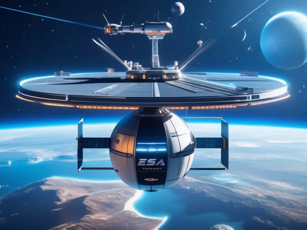 Proyecto Defensa Planetaria ESA: Estación espacial futurista y satélites de defensa avanzados protegiendo un planeta azul