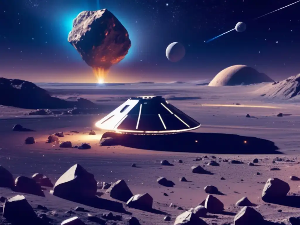 Proyectos extracción metales asteroides: Operación minera espacial futurista en un asteroide, con tecnología avanzada y extracción de metales
