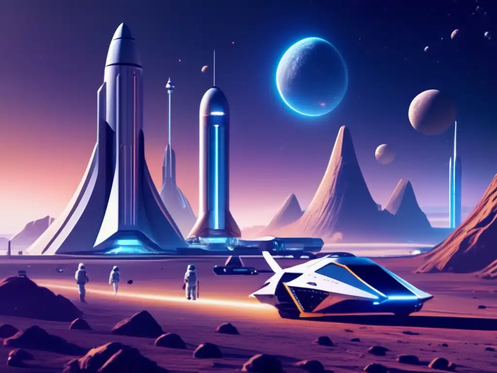 Un puerto espacial futurista y bullicioso en un asteroide distante, con estructuras metálicas imponentes, avanzada tecnología y naves espaciales