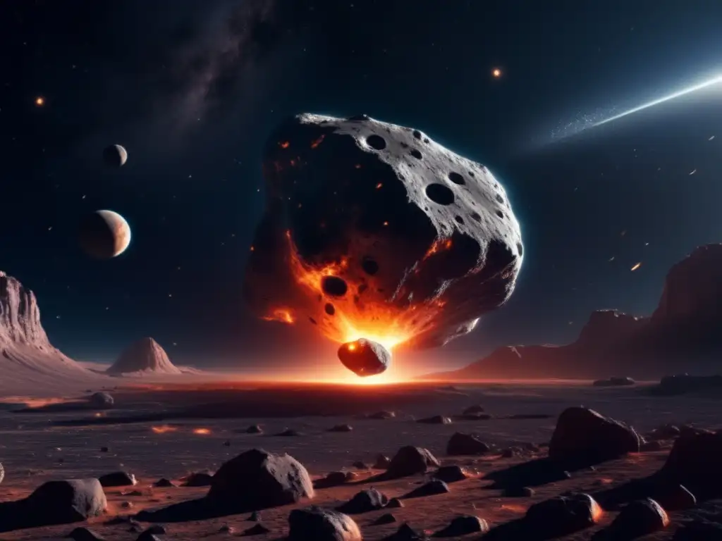 Reciclaje de asteroides en el espacio: vista cinematográfica de un asteroide colosal rodeado de naves espaciales futuristas y paisaje estelar