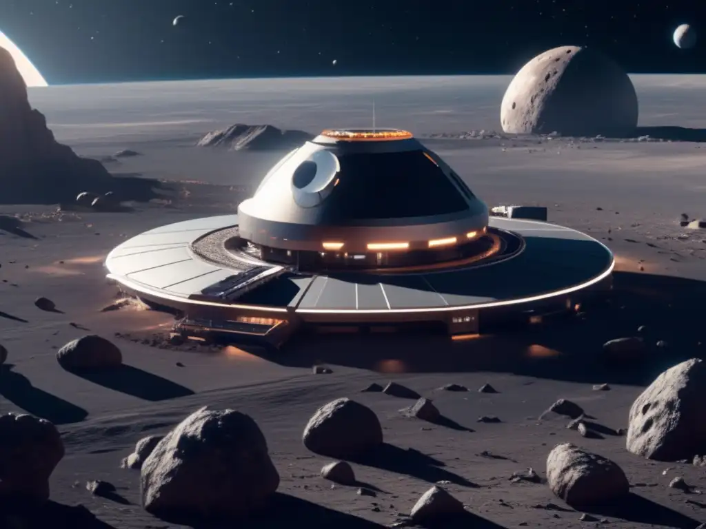 Reciclaje espacial de asteroides: Estación espacial futurista orbitando asteroide con robots especializados
