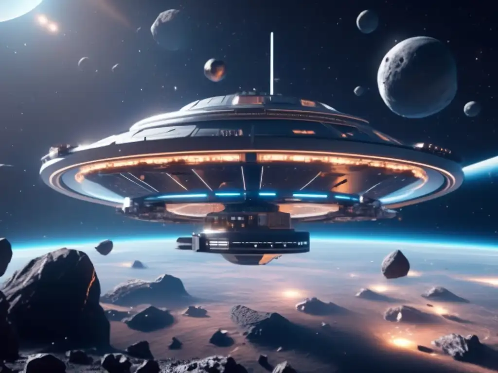 Reciclaje espacial de asteroides: Estación futurista flotando en el espacio rodeada de asteroides, con robots extrayendo recursos